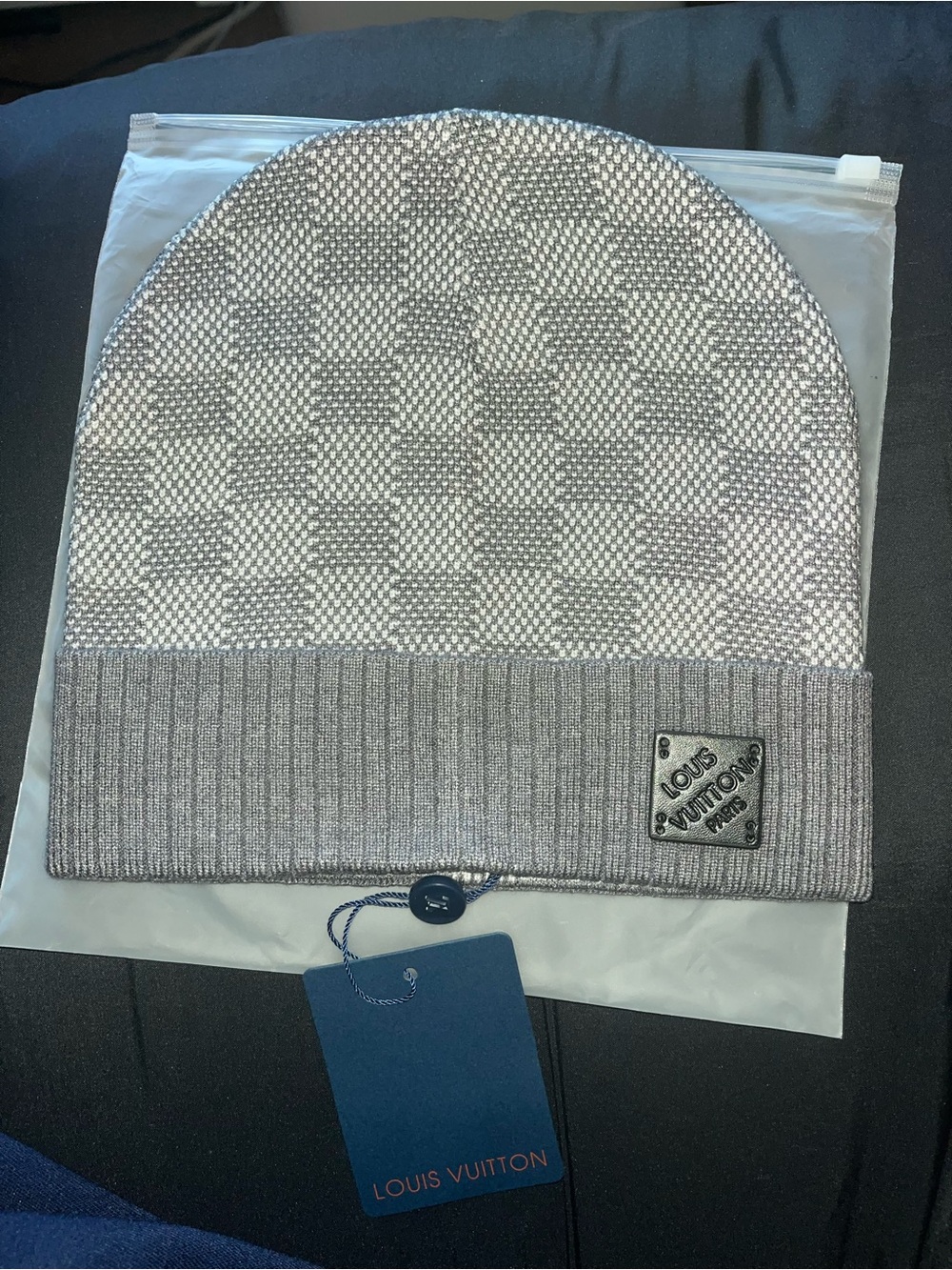 Louis Vuitton Silver and Gray Checker Knit Beanie